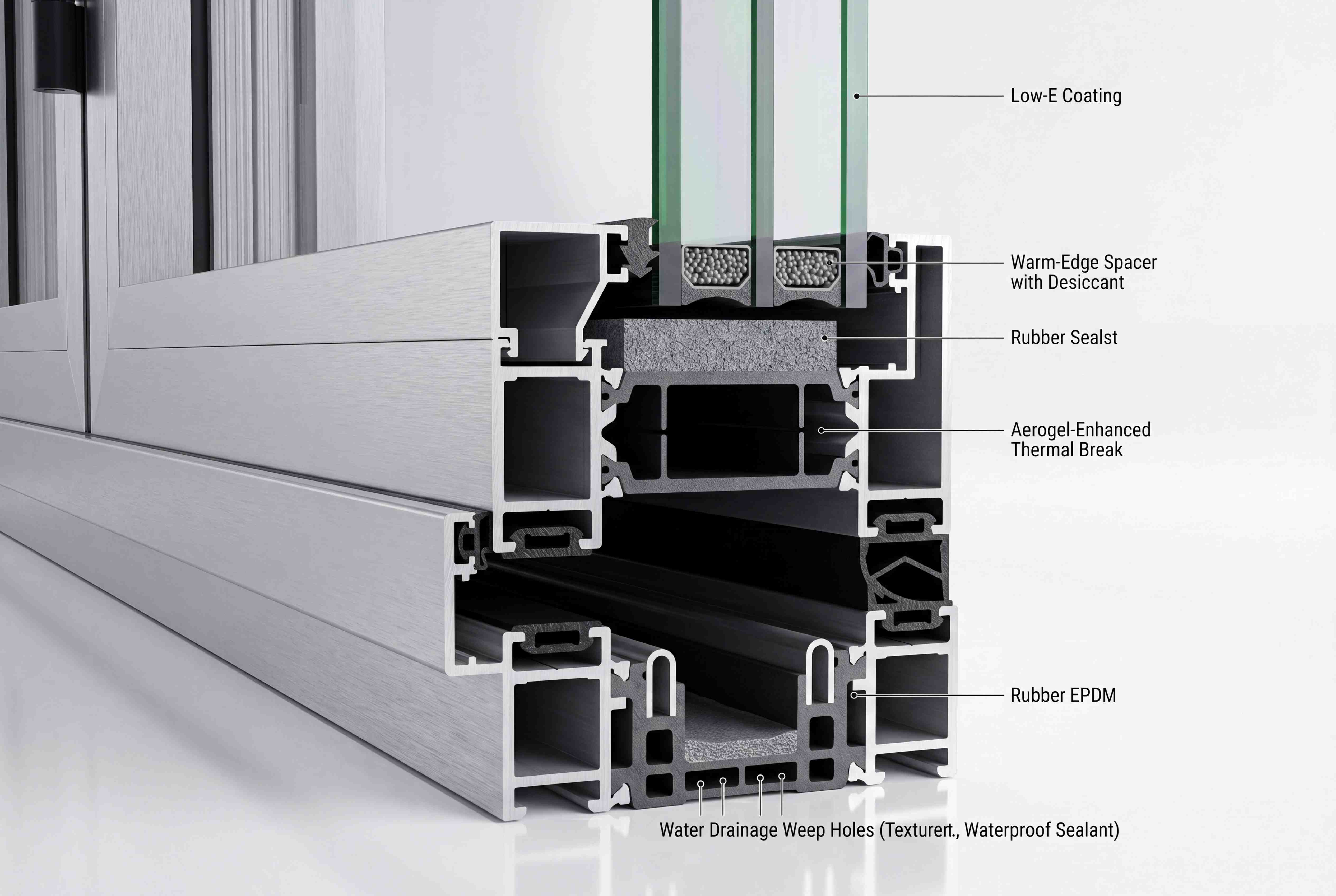 Labelled cross-section of an aluminium bi-fold door profile showing the aerogel-enhanced thermal break, low-E coated double glazing, warm-edge spacer, EPDM rubber seals and water drainage weep holes