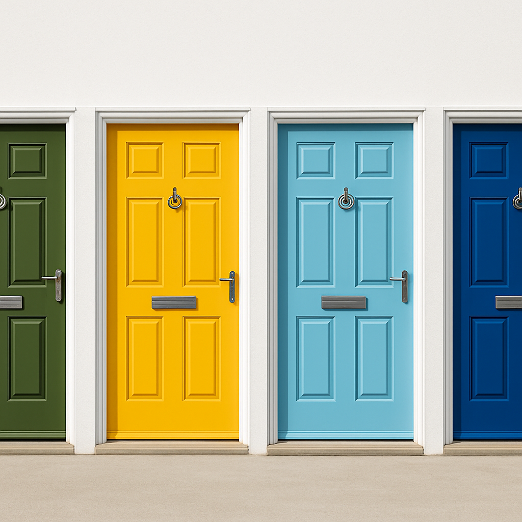 A row of composite front doors in different colours