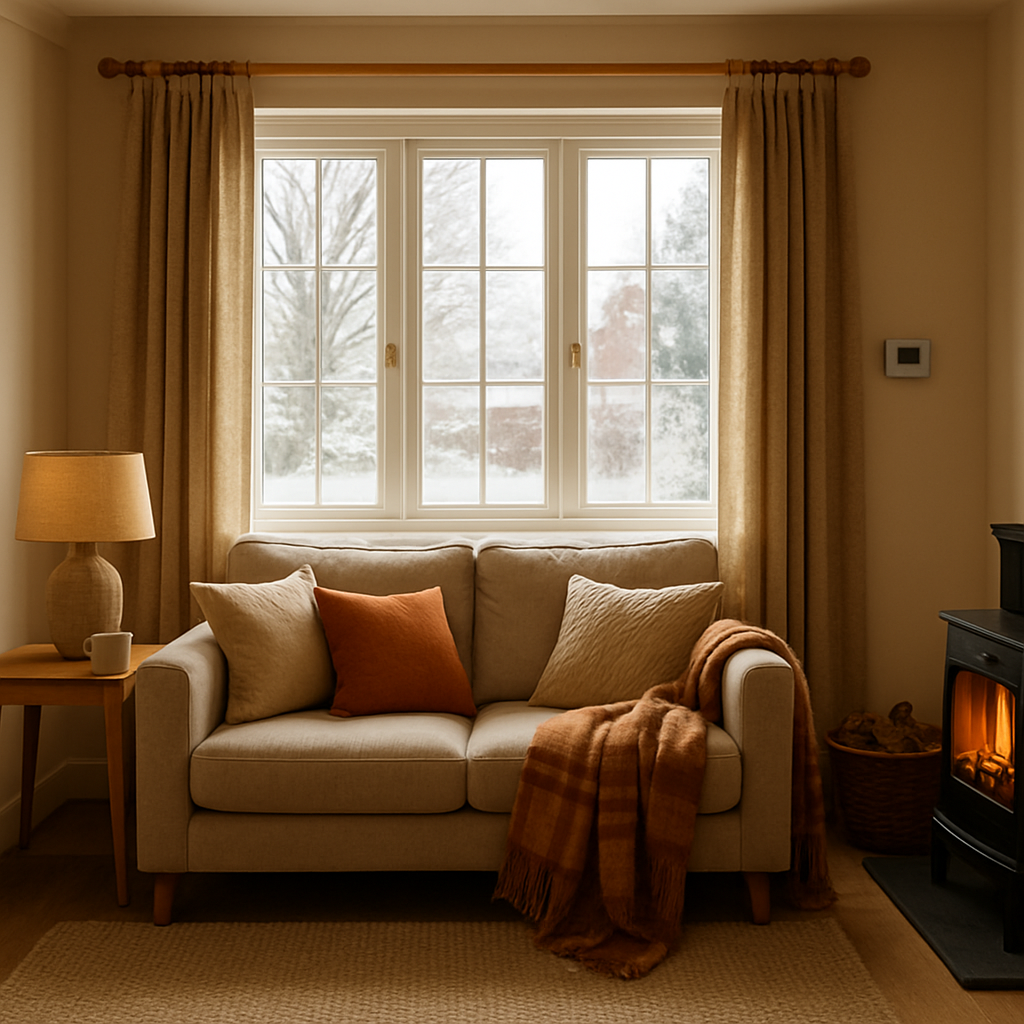 A warm living room with new double-glazed windows in winter