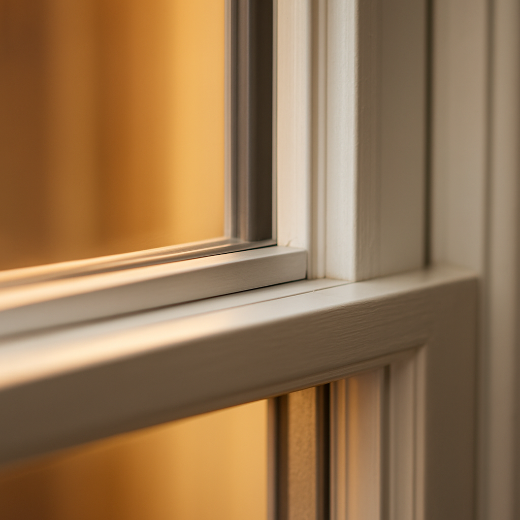 Close-up of a slim acoustic secondary glazing frame with an air gap behind the original sash window