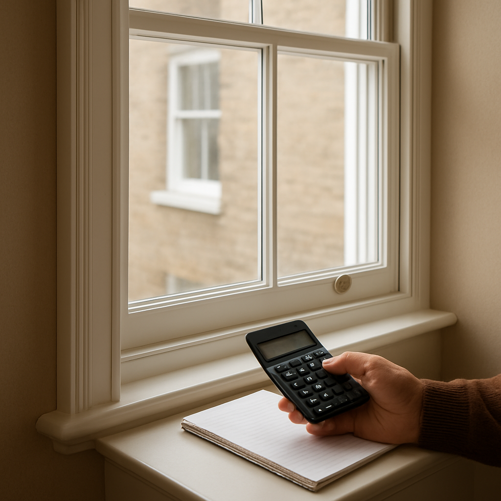 A period sash window with secondary glazing and a homeowner working out costs