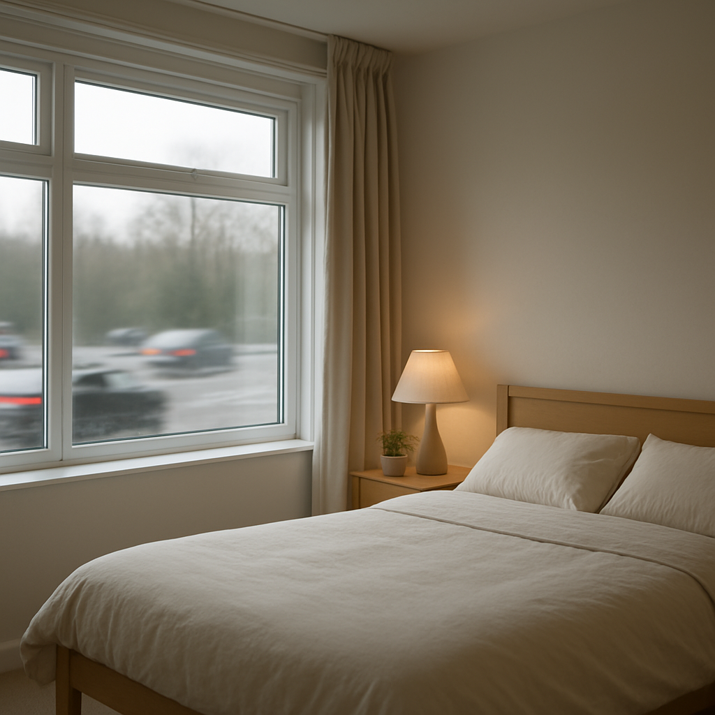 A calm bedroom with acoustic secondary glazing beside a busy road
