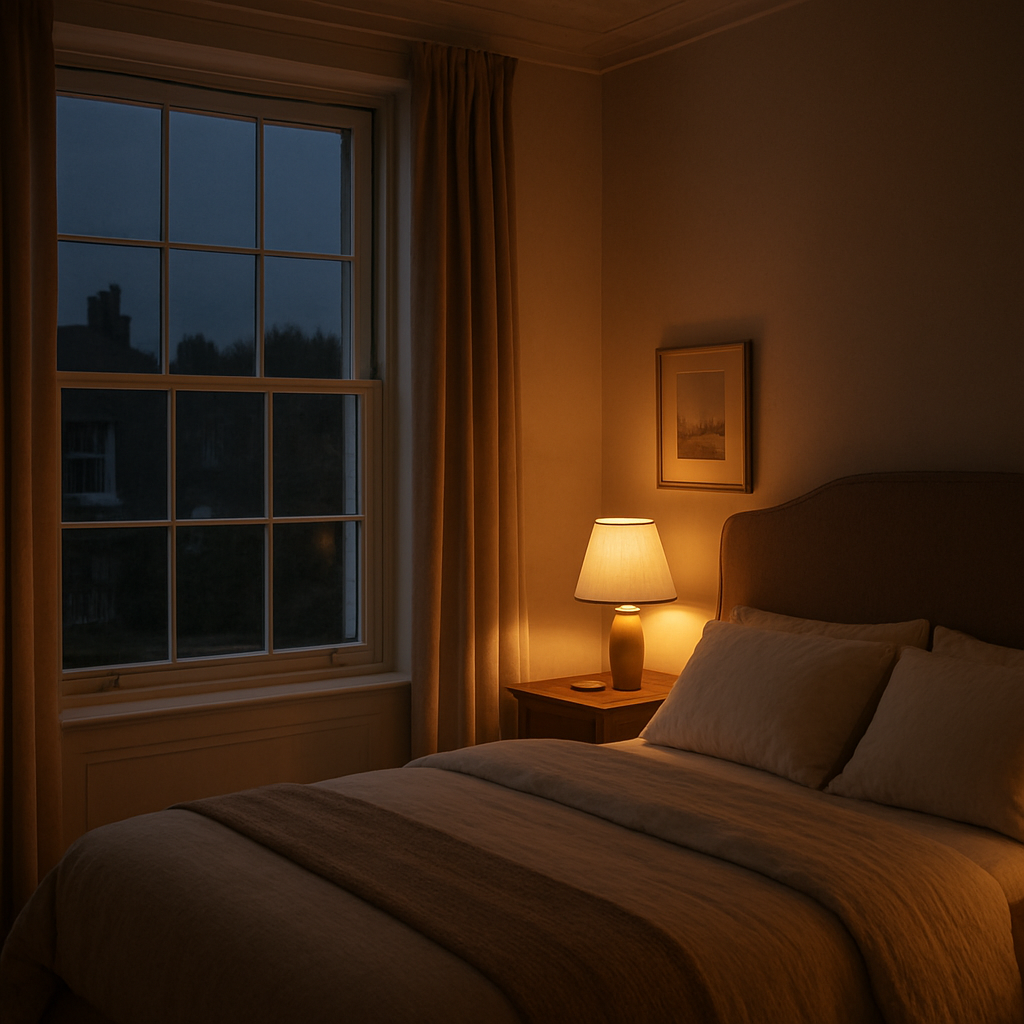 A peaceful London period bedroom at night with secondary glazing on the sash windows