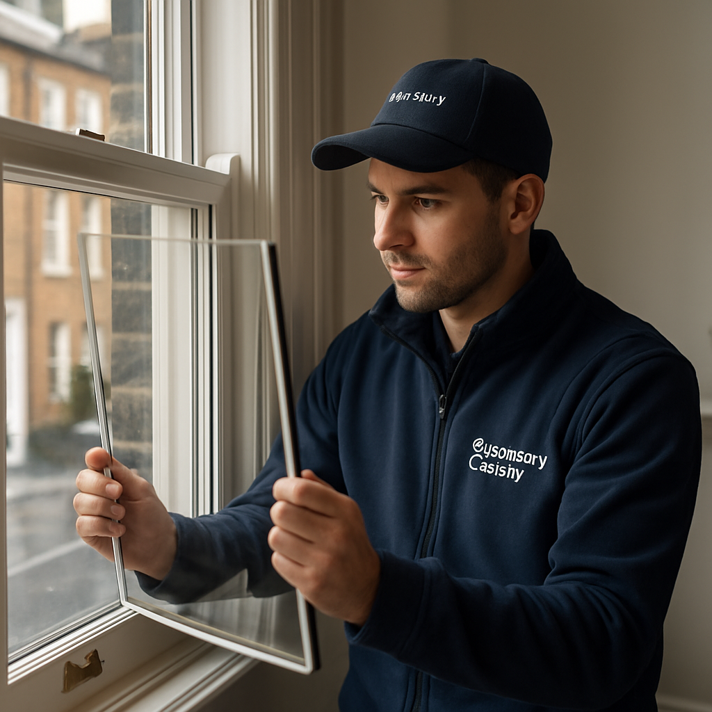 A professional Presswarm installer carefully fitting secondary glazing in a tidy London home
