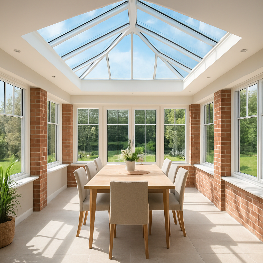 The light-filled interior of an orangery extension