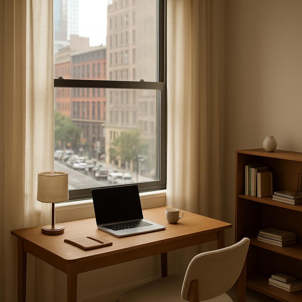 A peaceful, quiet room beside a window overlooking a busy city street