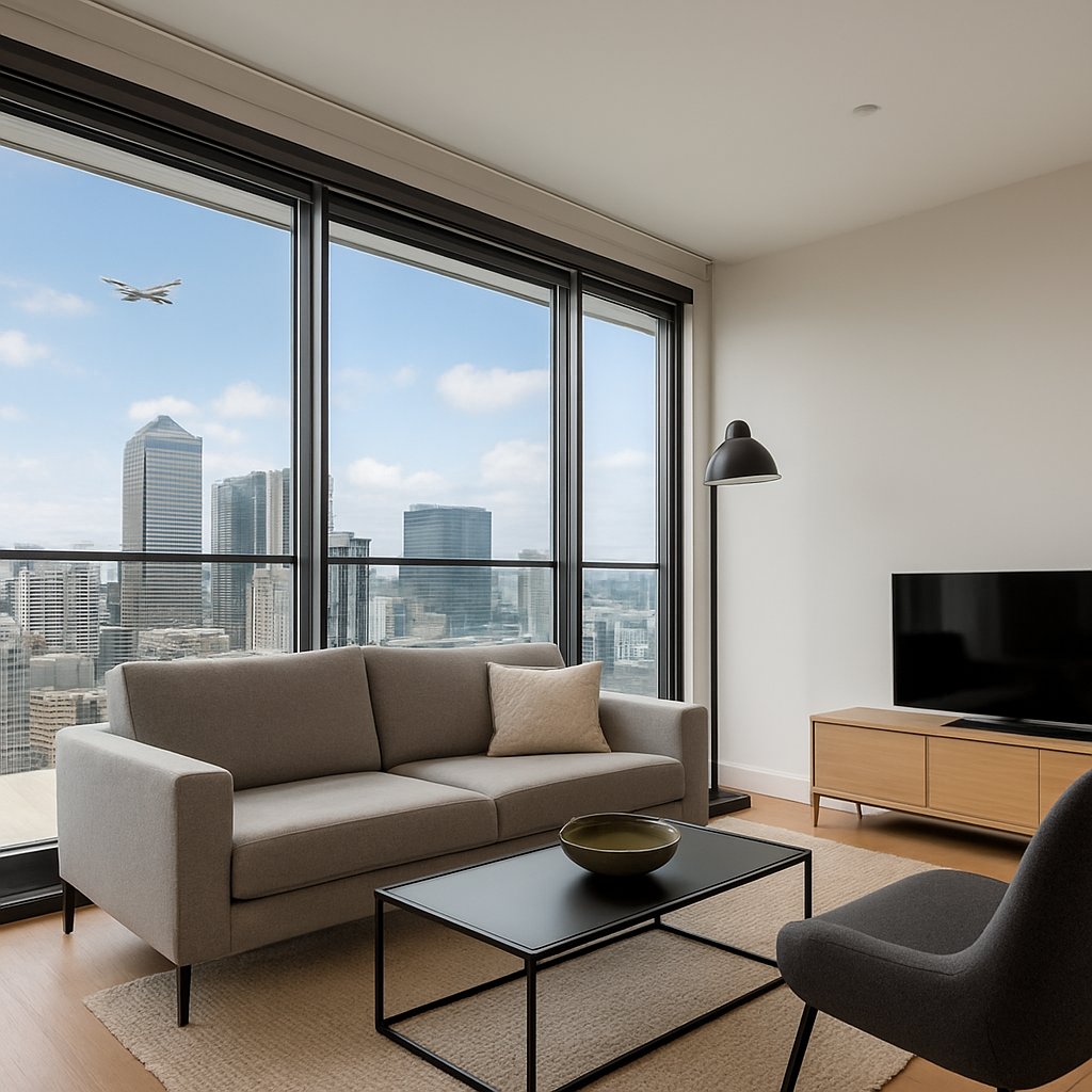A large apartment window near a flight path fitted with acoustic secondary glazing