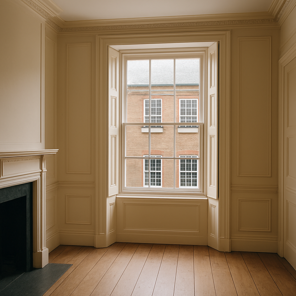 A Georgian sash window in a listed Spitalfields townhouse with a bespoke secondary glazing panel