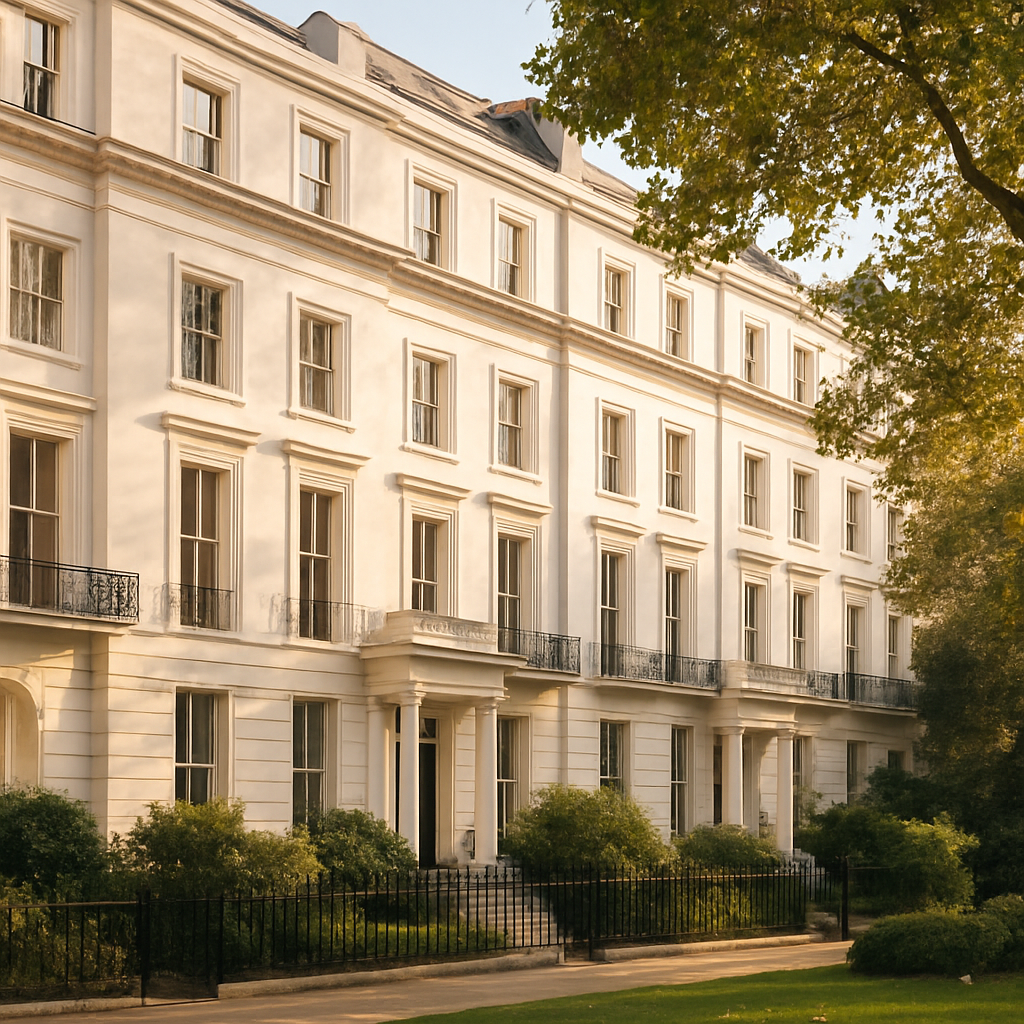 An elegant white-stucco Georgian terrace in a leafy London conservation area