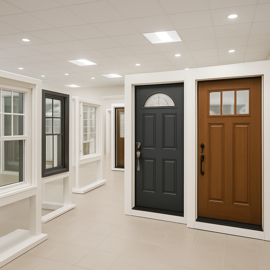 A showroom displaying sample windows and doors