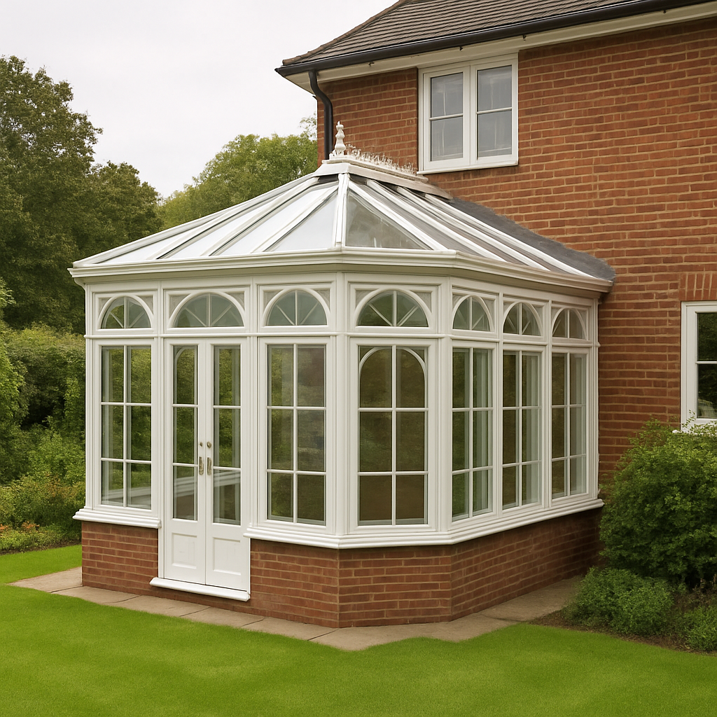 A conservatory attached to a UK home overlooking a garden